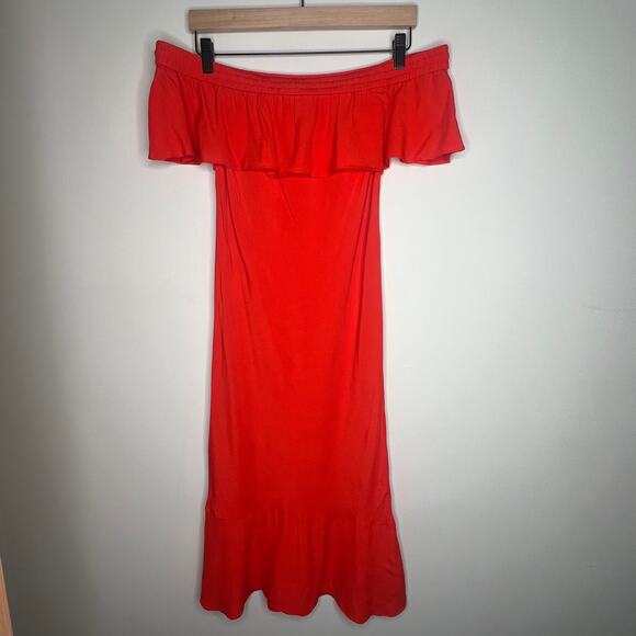 Veronica Beard Orange Oleta Ruffle Off Shoulder Midi Dress Size 4 - Picture 3 of 8